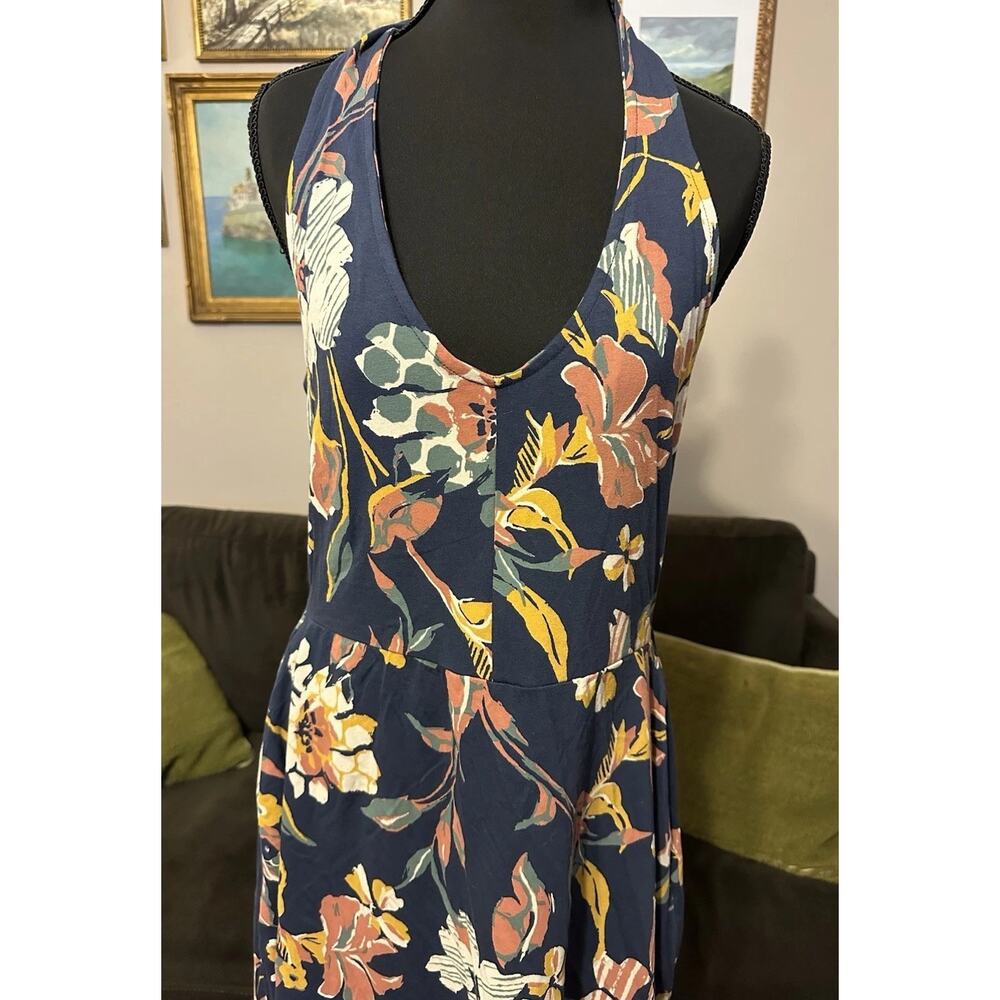 PACT Organic Cotton Midi Halter Dress Blue Floral Women Size XL Built in Bra New